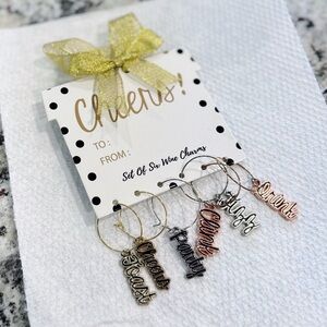Set of Six Wine Glass Charms - Mixed Metal Cheers Tag
